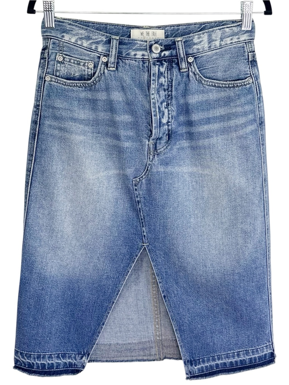 FREE PEOPLE WE THE FREE Denim Pencil Midi Skirt Front Slit Button Fly 26 - Picture 2 of 9